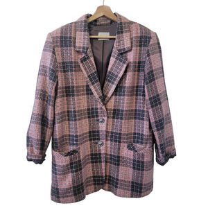 Vintage Jessica Scott Wool Blend Pink Plaid Double Button Oversized Blazer Coat